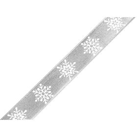 Karácsonyi szalag: Ezüst alapon hópelyhes 16 mm széles
