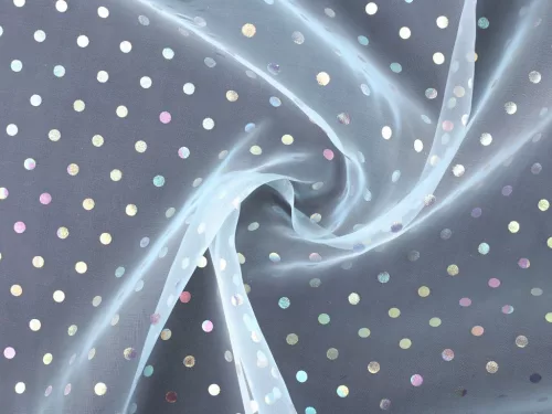 Babakék organza hologramos/szivárványos pöttyökkel 