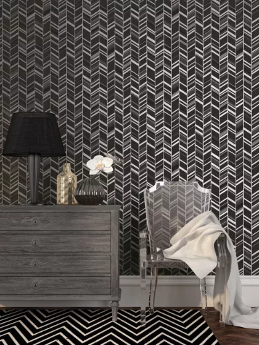 Metálos kollekció Speciel FX2: Fekete-ezüst art deco chevron mintás (mosható) vlies-vinyl tapéta