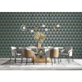  Metálos kollekció Speciel FX2: Türkiz-arany art deco legyezőmintás (mosható) vlies-vinyl tapéta