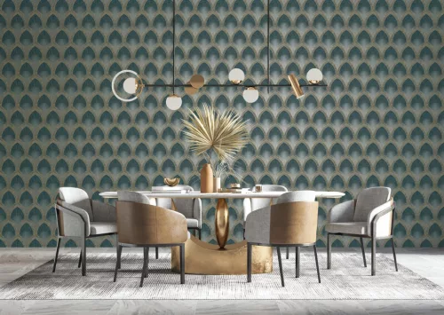 Metálos kollekció Speciel FX2: Türkiz-arany art deco legyezőmintás (mosható) vlies-vinyl tapéta