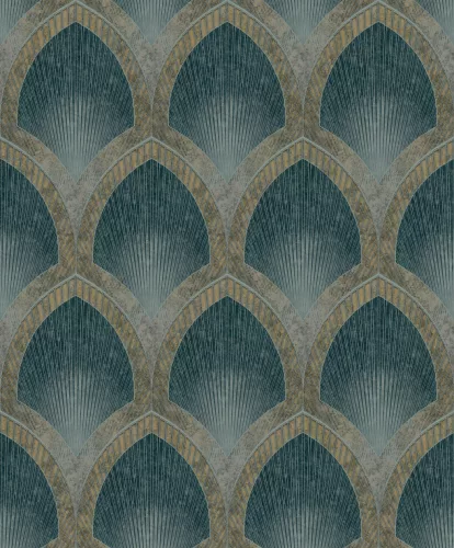 Metálos kollekció Speciel FX2: Türkiz-arany art deco legyezőmintás (mosható) vlies-vinyl tapéta