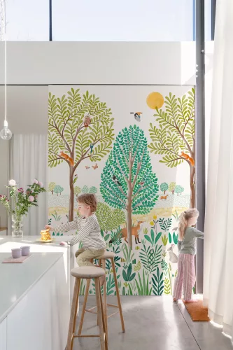 Little Dreamers: 159*280 cm-es Erdei falfestmény zöld–okker (mosható) vlies-vinyl tapéta falpanel