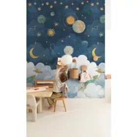   Little Dreamers: 159*280 cm-es Űr mintás falfestmény éjkék–felhőkék (mosható) vlies-vinyl tapéta falpanel