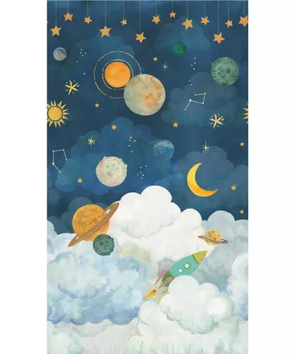 Little Dreamers: 159*280 cm-es Űr mintás falfestmény éjkék–felhőkék (mosható) vlies-vinyl tapéta falpanel