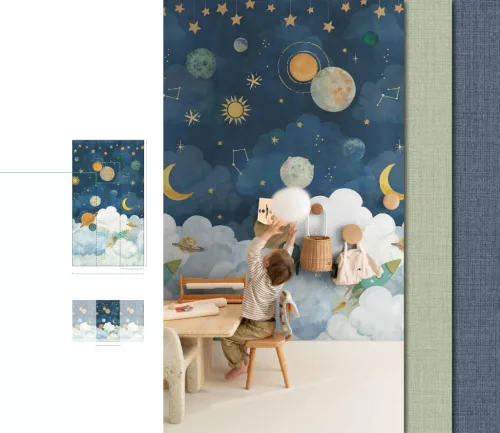 Little Dreamers: 159*280 cm-es Űr mintás falfestmény éjkék–felhőkék (mosható) vlies-vinyl tapéta falpanel