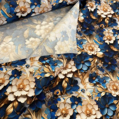 Designer vízálló szövet: Kék-fehér virágok arany levelekkel