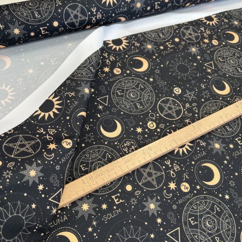 Designer vízálló szövet: Fekete alapon asztrológia mintás