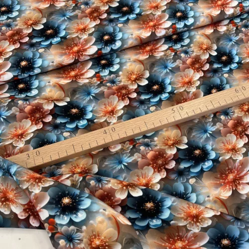 Kék-barack virágmező digitálisan nyomott viszkóz voile