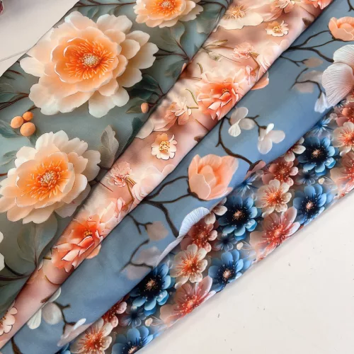 Kék-barack virágmező digitálisan nyomott viszkóz voile