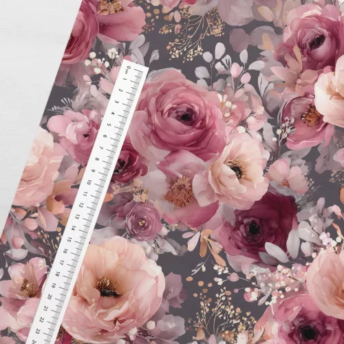 Sötét alapon vintage babarózsás prémium (digitális) 160 cm sz. pamutvászon
