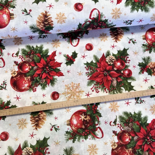 Mikulásvirág és gömbdísz csokorban karácsonyi dekortextil (TH'26)