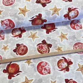   Natúr alapon piros gömbdíszek masnival karácsonyi dekortextil (TH'26)