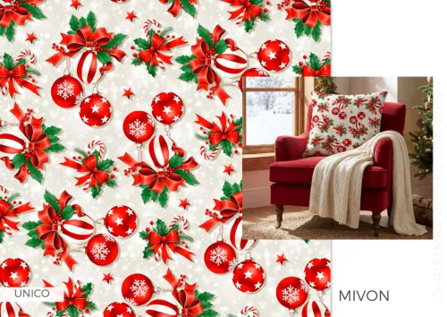 Mivon - natúr alapon csíkos és hópelyhes gömbdísz candy cane karácsonyi dekortextil (TH'26)