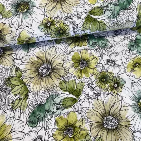 Rajzolt virágok zöldre festve dekortextil