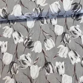 Szürkés alapon szürke-fehér tulipános dekortextil