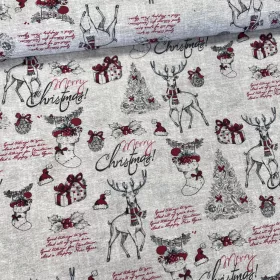   0,45 m EGYBEN KÉRHETŐ Natúr alapon sálat viselő szarvas (Merry Christmas) karácsonyi dekortextil (TH)