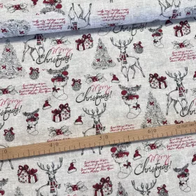   0,45 m EGYBEN KÉRHETŐ Natúr alapon sálat viselő szarvas (Merry Christmas) karácsonyi dekortextil (TH)