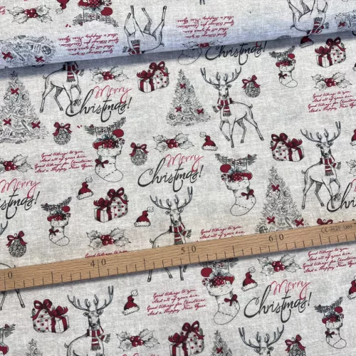 0,45 m EGYBEN KÉRHETŐ Natúr alapon sálat viselő szarvas (Merry Christmas) karácsonyi dekortextil (TH)