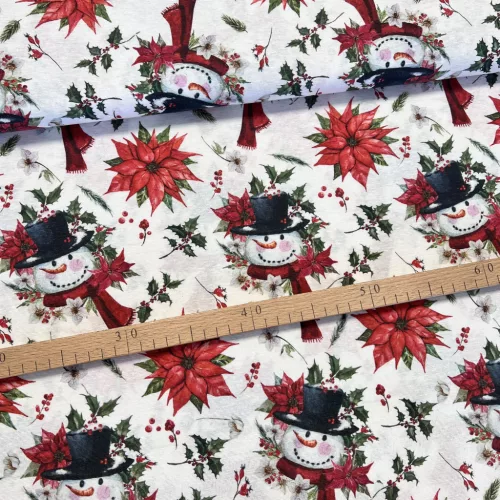 Fehér alapon hóember répa orral karácsonyi dekortextil (TH)