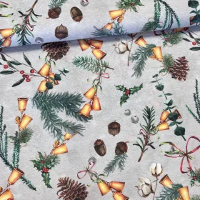   Halvány akvarelles szürkés a. makk.toboz.csengő karácsonyi dekortextil (TH)