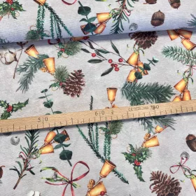   Halvány akvarelles szürkés a. makk.toboz.csengő karácsonyi dekortextil (TH)