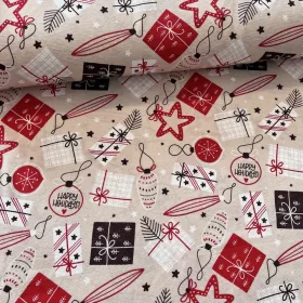   280 cm széles Natúr alapon Happy Holidays, karácsonyi díszes dekortextil