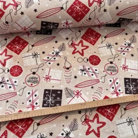   280 cm széles Natúr alapon Happy Holidays, karácsonyi díszes dekortextil