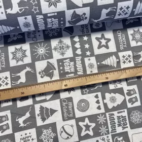  280 cm-es Fehér-szürke négyzetes Happy New Year karácsonyi dekortextil (TH)