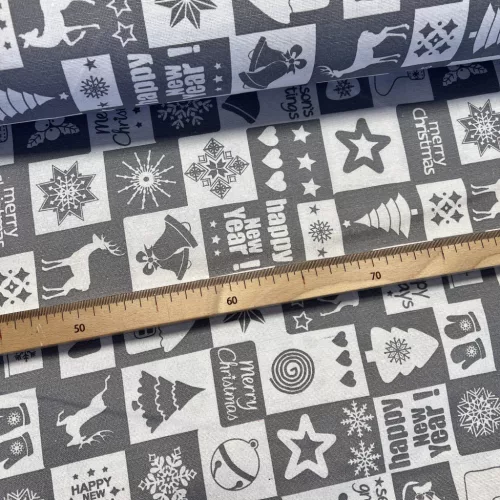 280 cm-es Fehér-szürke négyzetes Happy New Year karácsonyi dekortextil (TH)