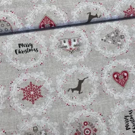  280 cm-es Natúr alapon piros szíves, szarvasos karácsonyi dekortextil (TH)