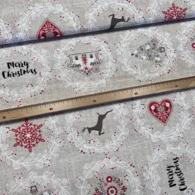   280 cm-es Natúr alapon piros szíves, szarvasos karácsonyi dekortextil (TH)