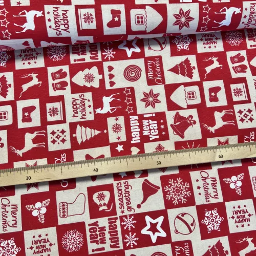 Piros-natúr Happy New Year négyzetes karácsonyi dekortextil (TH)