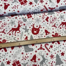   Fehér alapon piros-szürke karácsonyi mézeskalácsos dekortextil (TH)