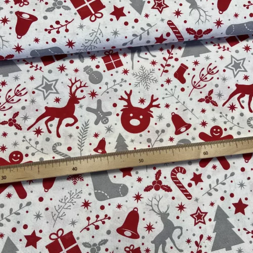Fehér alapon piros-szürke karácsonyi mézeskalácsos dekortextil (TH)