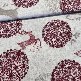   Világos alapon nagy bordó hópelyhes-szarvasos karácsonyi dekortextil (TH)