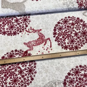   Világos alapon nagy bordó hópelyhes-szarvasos karácsonyi dekortextil (TH)
