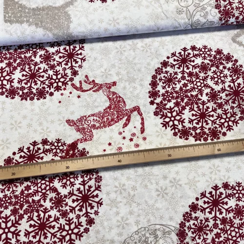 Világos alapon nagy bordó hópelyhes-szarvasos karácsonyi dekortextil (TH)