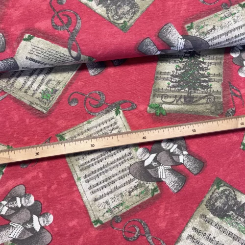 280 cm-es Piros alapon éneklő angyalos-kottás karácsonyi dekortextil (TH)