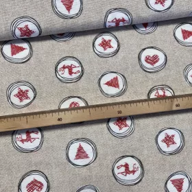  280 cm-es Natúr alapon körökben rajzolt szarvas-csillag-karácsonyfa karácsonyi dekortextil (TH)