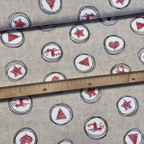 280 cm-es Natúr alapon körökben rajzolt szarvas-csillag-karácsonyfa karácsonyi dekortextil (TH)