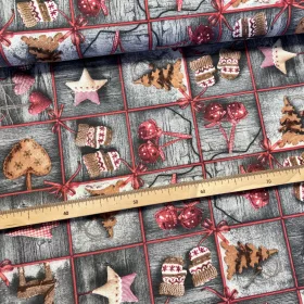   Szürke fa alapon négyzetekben kesztyű, csengő karácsonyi dekortextil (TH)