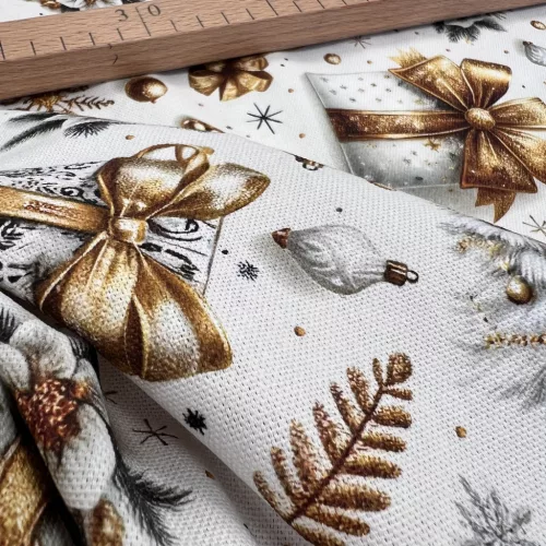 Fehér alapon arany masnis, fenyőfás karácsonyi dekortextil (digitálisan nyomott)