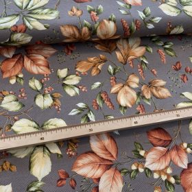   Szürke a. őszies pirosas-zöldes-sárgás leveles ágas-bogas dekortextil