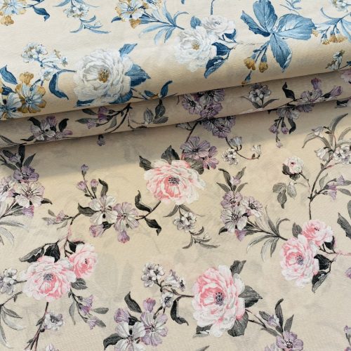 Ekrüs alapon h-rózsaszín-h.lilás rózsás dekortextil (G)