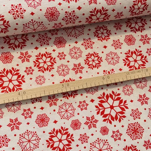 Natúr alapon piros hópelyhes karácsonyi dekortextil