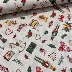   0,68 m EGYBEN KÉRHETŐ Natúr alapon diótörős-hintalovas karácsonyi dekortextil (G)