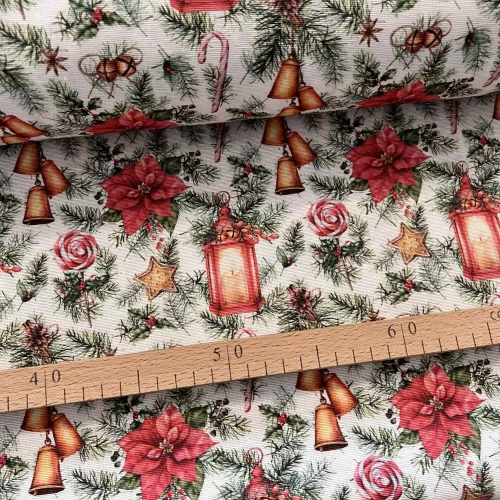 Mécses-mikulásvirág-cukorkás-fenyőágas karácsonyi dekortextil