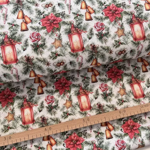 Mécses-mikulásvirág-cukorkás-fenyőágas karácsonyi dekortextil