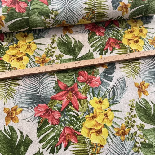 Sárga orchideás-piros liliomos dekortextil